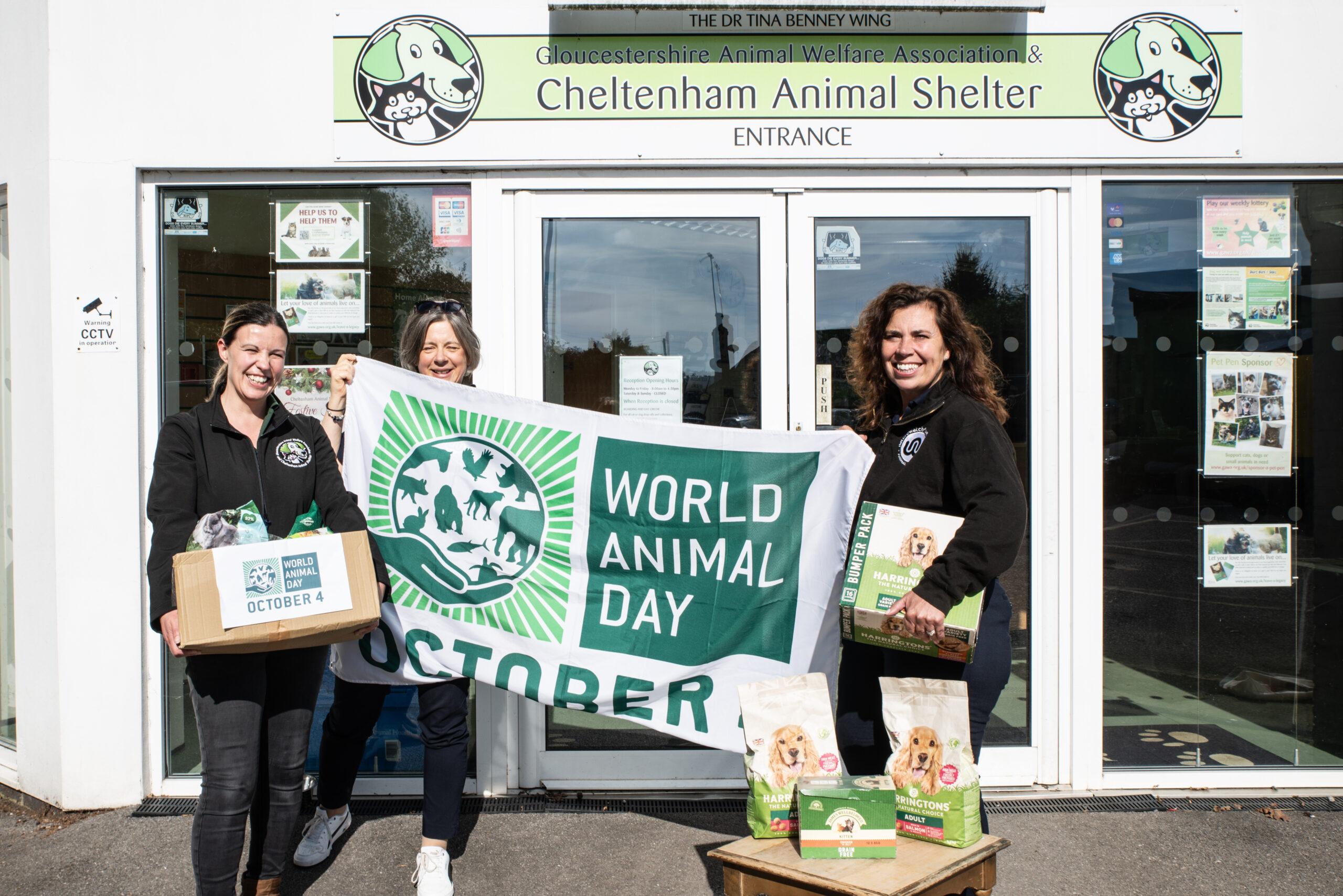 What we're doing 7 Our staff and staff of the animal shelter stood outside the front of the shelter holding food donations and the World Animal Day flag.