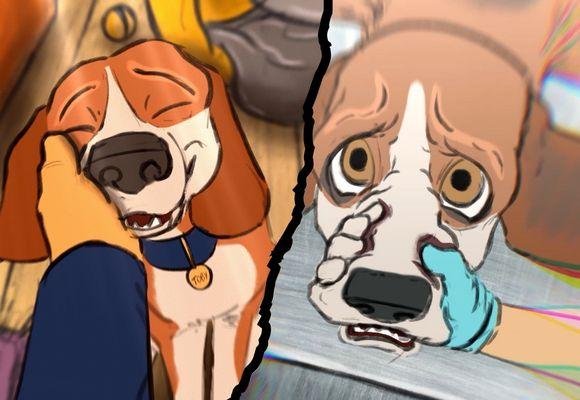 A split screen with a tear down the middle. On the left a happy animated beagle in bright colours being stroked by his owner. On the right a scared looking animated beagle in washed out colours being grabbed down to a metal table by the nose from a hand with a blue latex glove on.