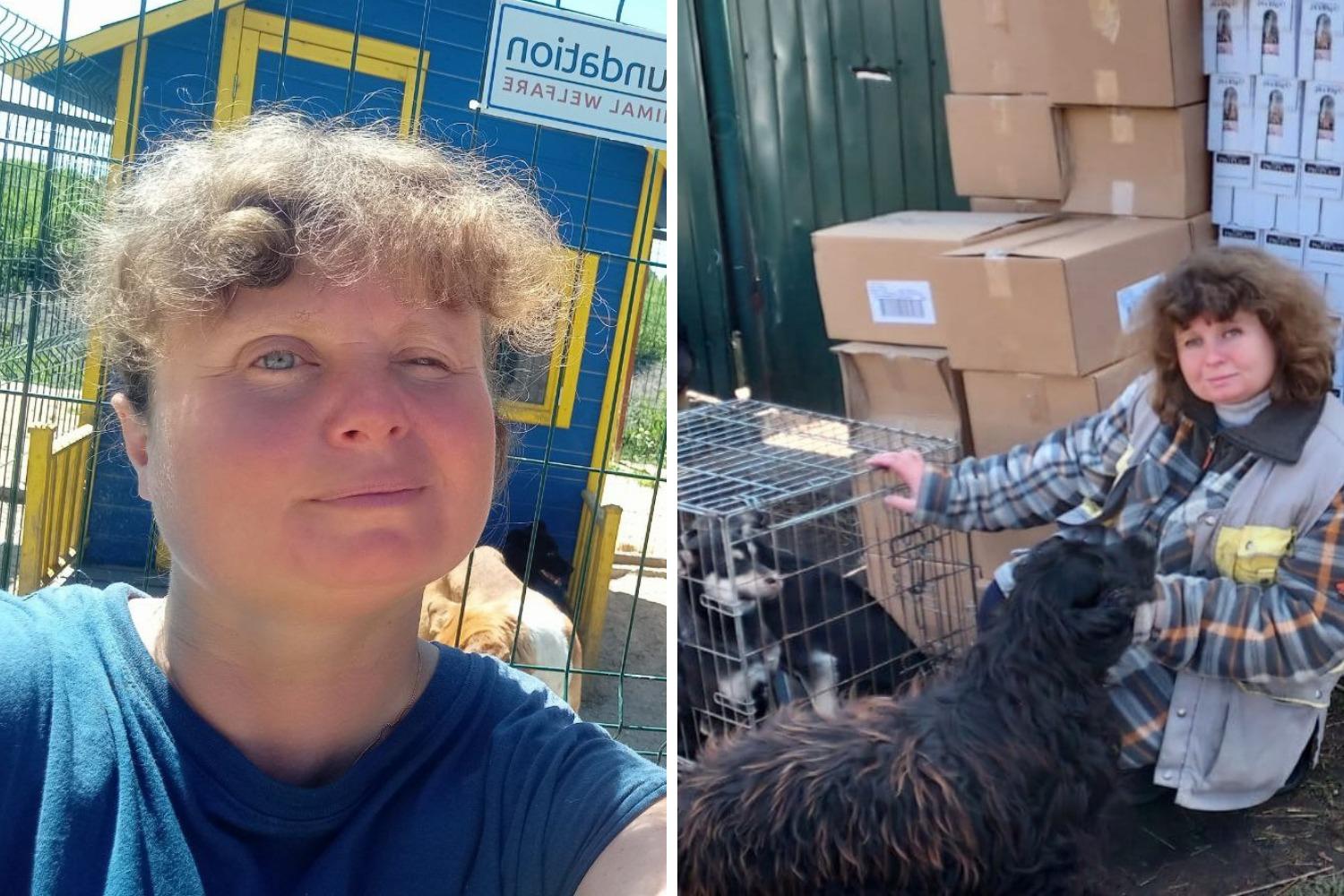 Split image: Left, a person with curly hair smiles outdoors near a large, colourful dog kennel, which is inside a fenced enclosure containing a brown and white dog. Right, the same person in a plaid jacket kneels beside cages and boxes, petting a black dog. A smaller dog is inside a crate next to her.