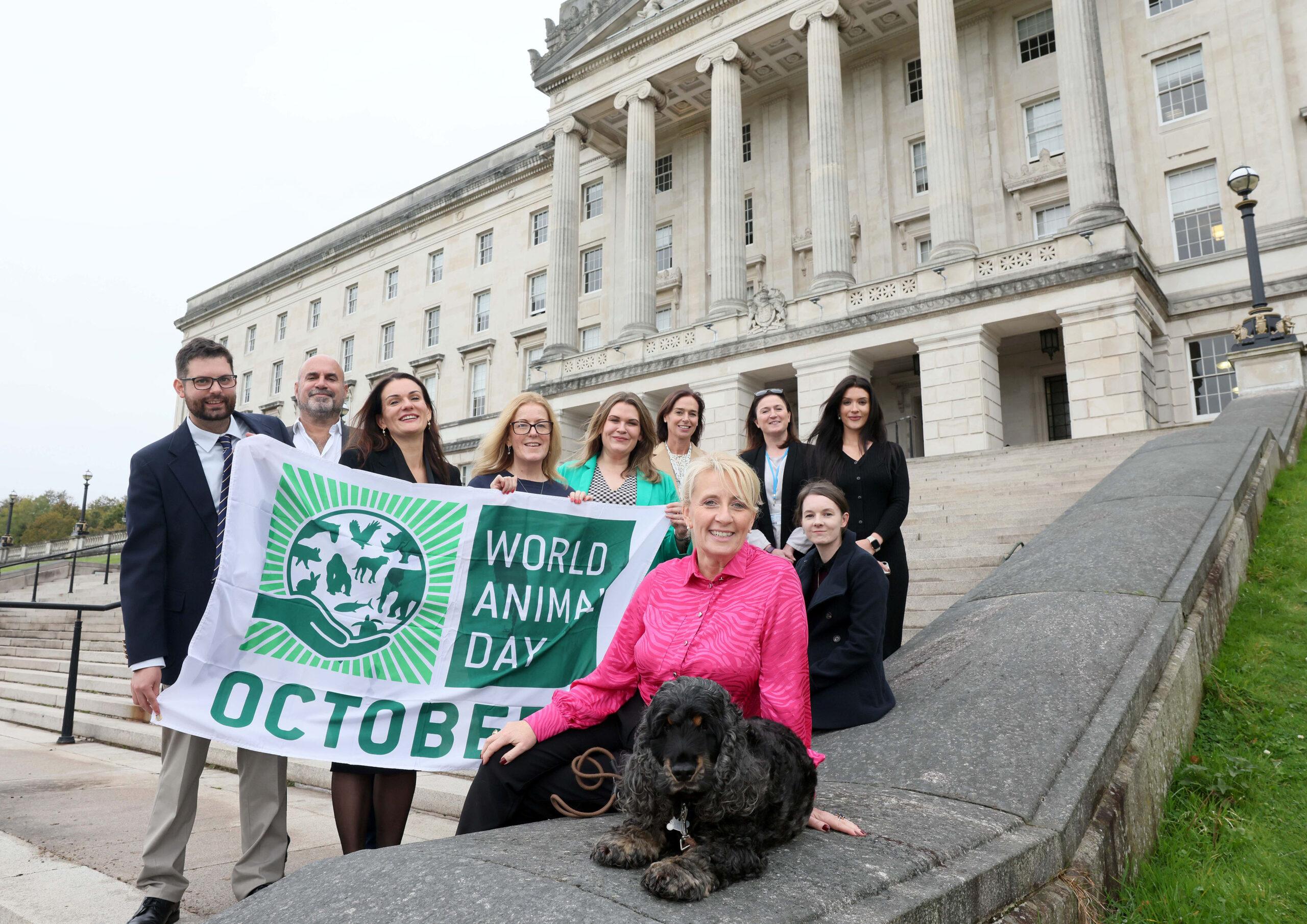 A group of people stand in front of a grand building holding a "World Animal Day" banner. A woman sits with a dog, creating a joyful atmosphere. L-R) Patrick Bagga, Grey2k USA Worldwide; Dr Marc Abraham OBE, APDAWG; Christina Warner, Ruby's Law; Vanessa Waddon, Hope Rescue; Dr Rowena Packer, RVC; Vanessa Barnes, APGAW; Tara Cunningham, Causeway Coast Dog Rescue; Archie the spaniel; Dr Andrea Lynch, Links Group; Natalie Harney, Naturewatch Foundation; Cara Hunter MLA