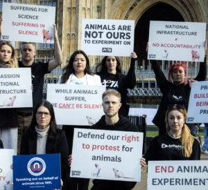 A group of protesters holding up boards outside the House of Lords.