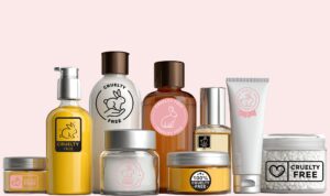 A line up of assorted cosmetic bottles all with generic cruelty-free labels on them.