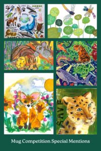 World Animal Day ‘Design a Mug’ Competition Winner! 2 A collage of six World Animal Day ‘Design a Mug’ competition artworks. The designs, from bottom right, feature a tiger with 'save the spots and species' written next to it; a fox in a field of flowers; a colourful scene featuring a turtle and blue whale, a forest setting with a tiger and a koala bear, green lilypads with two dragonflies flying overhead, and a scene of multiple animals including a fox, deer, and penguin, with handwritten words about protecting animals and the environment.