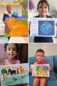 World Animal Day ‘Design a Mug’ Competition Winner! 1 A collage of four World Animal Day ‘Design a Mug’ competition runners-up holding their artwork. The designs feature a lion family, a globe surrounded by animals, farm and wild animals in a world animal day scene, and a colourful lion surrounded by plants and animals.